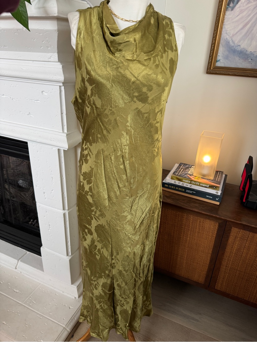 BHLDN Olive Chartreuse Floral Jacquard Cowl Neck Formal Dress